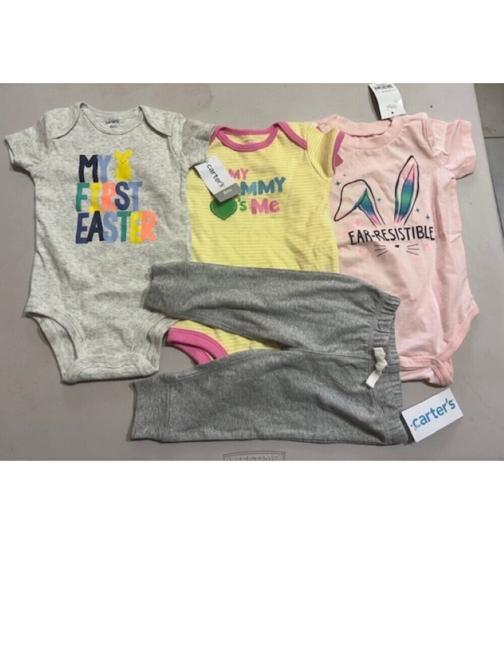 Carters Summer Set Girls 6-9 mths Easter Bodysuits, Mommy Love Me, Pants